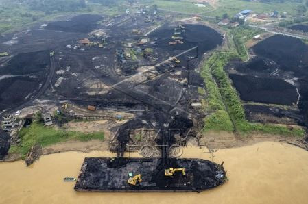 Excavators pile up coal on June 20, 2024 at a storage facility near the Batanghari River in Muaro Jambi regency, Jambi. 