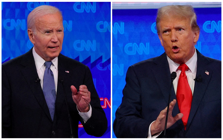 Democratic Party presidential candidate US President Joe Biden and Republican presidential candidate former US President Donald Trump speak during a presidential debate in Atlanta, Georgia, US, June 27, 2024 in a combination photo. 