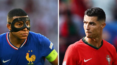 This combination file photos made on July 3, 2024, shows, at left France's forward #10 Kylian Mbappe during the UEFA Euro 2024 Group D football match between France and Poland at the BVB Stadion in Dortmund on June 25, 2024; and, at right, Portugal's forward #07 Cristiano Ronaldo looks on during the UEFA Euro 2024 Group F football match between Turkey and Portugal at the BVB Stadion in Dortmund on June 22, 2024. Portugal will play against France in a UEFA Euro 2024 quarter-final football match at the Volksparkstadion Hamburg on July 5, 2024.