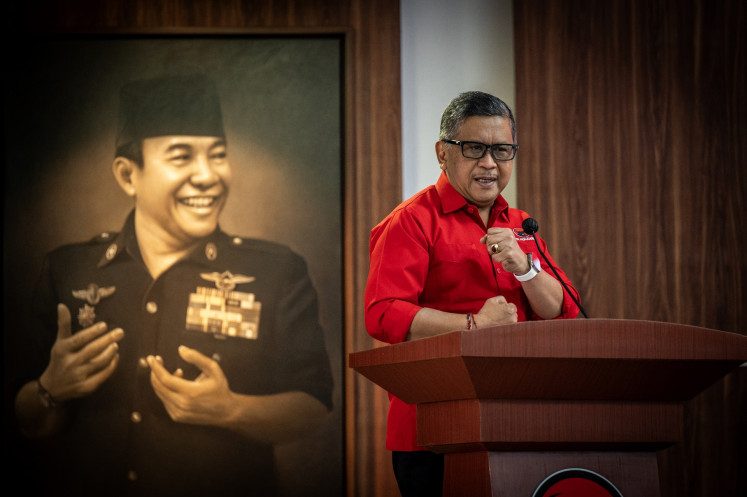 Hasto Kristiyanto, secretary-general of the Indonesian Democratic Party of Struggle (PDI-P), delivers a speech on June 14, 2024, during a leadership training session for newly elected lawmakers at the party&rsquo;s headquarter in Lenteng Agung, South Jakarta.