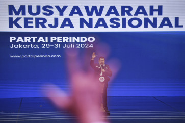 Then Perindo Party chairman Hary Tanoesoedibjo delivers a speech during the party's national work meeting in Jakarta on July 29, 2024. 