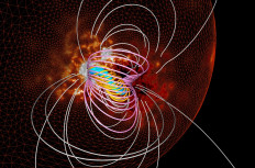 This image obtained from the French National Centre for Scientific Research (CNRS) on February 7, 2018 shows a magnetic ultrasound using data from the magnetic field at the surface of the sun (NASA SDO satellite) and a model of a powerful multi-scale process a few minutes before the onset of the eruption. 