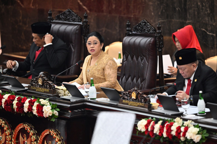 House of Representatives Speaker Puan Maharani of the Indonesian Democratic Party of Struggle (PDIP) (center), alongside People's Consultative Assembly (MPR) Speaker Bambang Soesatyo of the Golkar Party (left) and Regional Representatives Council (DPD) Speaker La Nyalla Mattalitti (right), delivers her speech during the annual MPR plenary meeting at the Senayan legislative complex in Jakarta on Aug. 16, 2024.