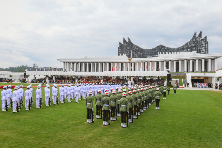Readiness and respect: Soldiers stand at attention during the 79th Indpendence Day ceremony at the ceremonial field in Nusantara, East Kalimantan, on Aug. 17, 2024, the first time the future capital city hosted the Independence Day event.