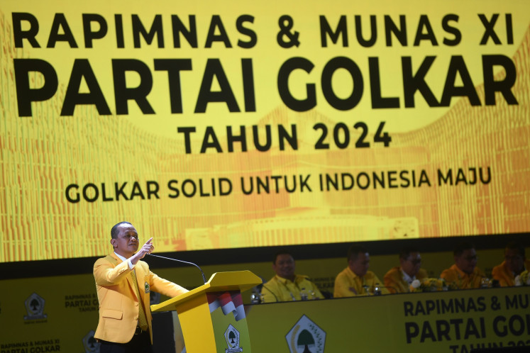 Golkar Party chairman candidate Bahlil Lahadalia (left) delivers a speech at the party national congress in Jakarta on Aug. 21, 2024. Bahlil, the sole candidate for Golkar's top post, is inaugurated as the party chairman for the 2024-2029 at the second day of congress.