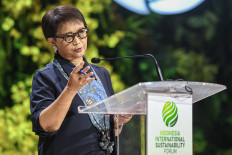 Foreign Minister Retno LP Marsudi delivers a speech during a panel on the second day of the Indonesia International Sustainability Forum 2024 at Jakarta Convention Center in Jakarta on Sept. 6, 2024.