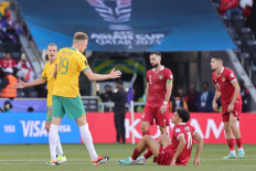Australia's defender #19 Harry Souttar gestures to Indonesia's forward #11 Rafael Struick at the end of the Qatar 2023 AFC Asian Cup football match between Australia and Indonesia at the Jassim bin Hamad Stadium in Doha on January 28, 2024. 
