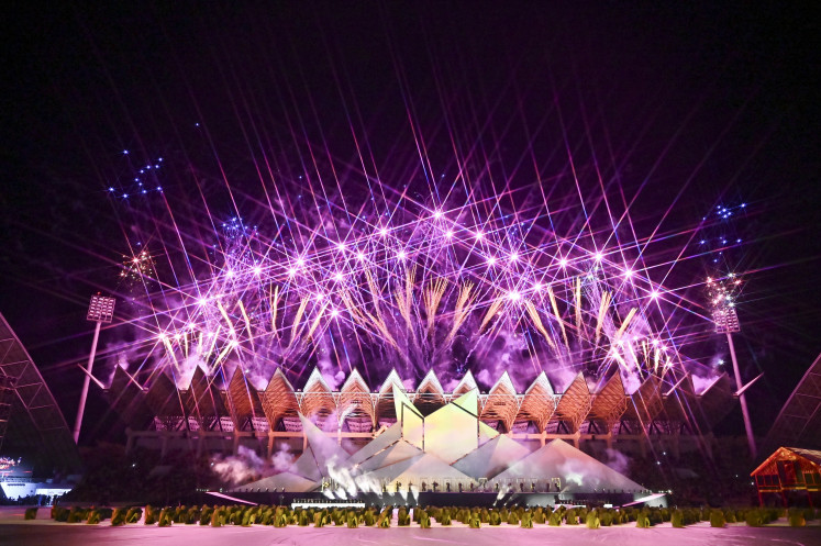 The atmosphere of the fireworks show during the opening ceremony of PON XXI Aceh-North Sumatra 2024 at the Harapan Bangsa Stadium, Banda Aceh, Aceh, on Monday, September 9, 2024. PON XXI Aceh-North Sumatra 2024 will compete in 65 sports involving nearly 13,000 athletes from 38 provinces and will take place on September 9-20, 2024. 