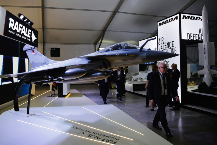 A model of Dassault Rafale C jet fighter is displayed during the International Bali Airshow at Ngurah Rai International Airport in Badung, Bali, on Wednesday, Sept. 18, 2024. 