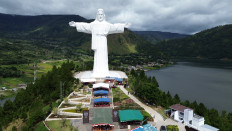 The statue of Jesus Christ the Savior at Sibeabea Hill, Samosir regency, North Sumatra, is pictured on Sept. 19, 2024.
