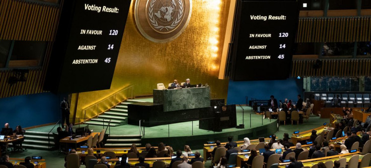 Members of the United Nations General Assembly vote on a resolution at the resumed 10th Emergency Special Session meeting on the situation in the Occupied Palestinian Territory on Wednesday, Sept. 18, 2024..