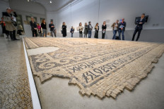 A mosaic pavement from the Byzantine period in 579 AD collected in 1997 from the site of a vanished Byzantine church in Deir-el-Balah in the Gaza Strip is displayed during an exhibition on the protection of cultural property in case of conflict entitled “Heritage in Peril“, at the Art and History Museum in Geneva, Switzerland on Oct. 3, 2024. Devastated by a year of war, the Gaza Strip is exhibiting part of its archaeological heritage in exile in Switzerland, to preserve its soul and identity.