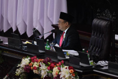 People's Consultative Assembly Speaker Bambang Soesatyo delivers his speech during a plenary session in Jakarta on Aug. 14, 2020. 

