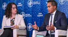 Anindya Bakrie (right), who was elected chairman of the Indonesian Chamber of Commerce and Industry (Kadin) in a recent extraordinary congress, takes part in a discussion during the Milken Asia Summit, in Singapore on Sept. 18. 