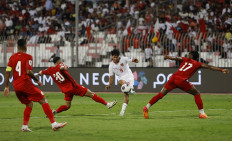 Indonesian soccer player Rafael Struick (second right) scores the second goal for Indonesia in a World Cup third-round Asian qualifying match between Indonesia and Bahrain at the Bahrain National Stadium in Riffa, Bahrain, on Oct. 10, 2024.
