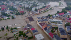 A drone view shows a flooded area in Glucholazy, Poland, in this still image from a social media video taken on September 15, 2024. 