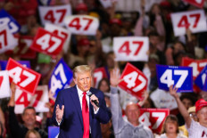 Former US President and Republican presidential candidate Donald Trump speaks during a town hall at the Convention Center in Lancaster, Pennsylvania, October 20, 2024.
 