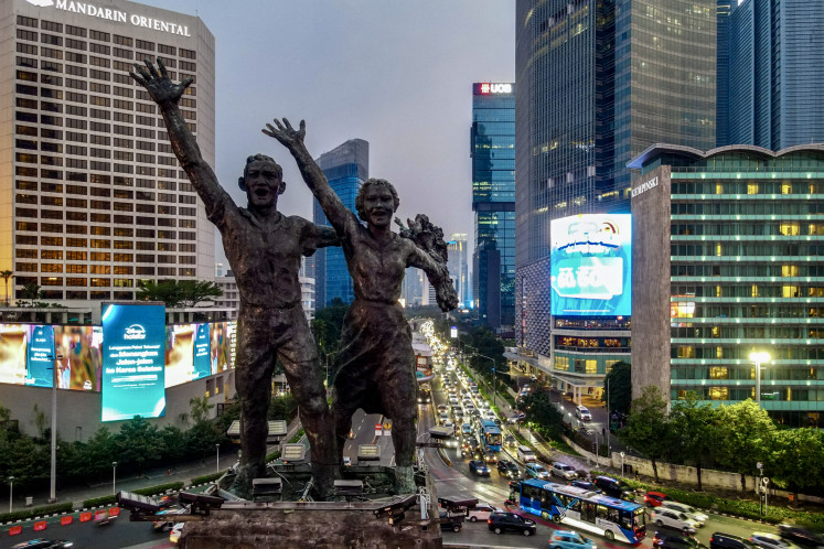The Welcome Monument, a popular landmark in Central Jakarta, is seen in this aerial picture taken on Sept. 14, 2024. The statue is located on a traffic circle near the historic Hotel Indonesia.