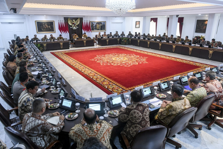 Ministers await the first cabinet meeting of President Prabowo Subianto’s administration at the Presidential Office in Jakarta on Oct. 23, 2024. In his speech at the meeting, Prabowo urged all his ministers to support his trademark free nutritious meals program and to work efficiently despite the cabinet’s large size.