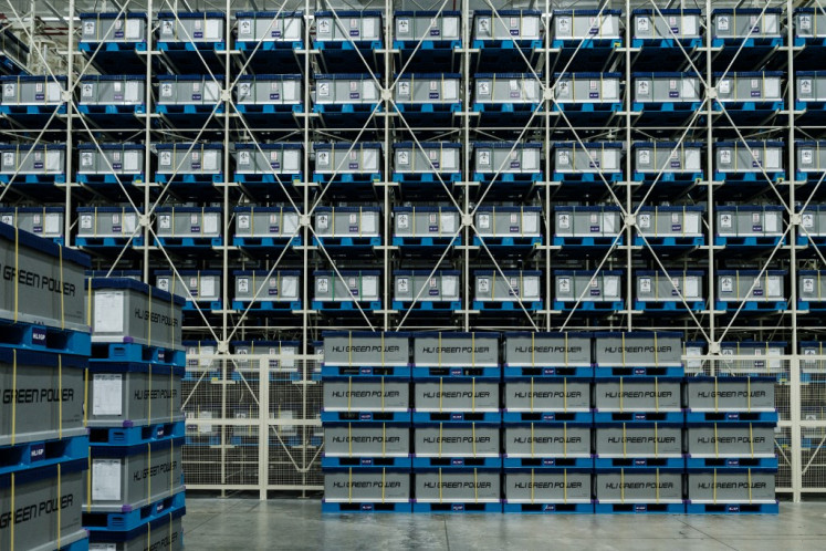 This photo taken on August 28, 2024 shows a general view of boxes of battery cells stored for shipment at the battery manufacturing plant at PT HLI Green Power, Indonesia's first electric vehicle battery cell manufacturer, in Karawang, West Java. 