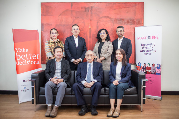 From (L) President and Chief Revenue Officer The Jakarta Post Maggie Tiojakin, Editor-in-Chief M. Taufiqurrahman, Chief Executive Officer Judistira Wanandi, Board of Directors Jusuf Wanandi, Commissioner & Founder Magdalene Hera Diani, Editor in Chief and Co Founder Devi Asmarani, and Director Paul Emas held a group photo session after signing a cooperation contract between The Jakarta Post and Magdalene at The Jakarta Post Office, Jakarta, on Tuesday, October 15, 2024.

