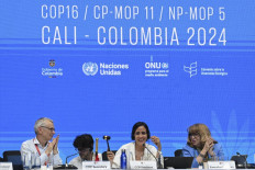 Leaders of the United Nations COP16 biodiversity conference (from left), executive secretary David Cooper, president Susana Muhamad, Colombia’s environment and sustainable development minister, and secretary Astrid Schomaker attend the closing plenary session on Nov. 2, 2024, in Cali, Colombia.