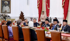 President Prabowo Subianto (third right) talks with seven ambassadors on July 4, 2024, during a banquet after they presented their letters of credence at the Merdeka Palace in Jakarta. The ambassadors were from Algeria, China, Mongolia, the Netherlands, Timor Leste, Uzbekistan and Zimbabwe.