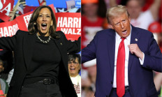 This combination of pictures created on November 04, 2024 shows
US Vice President and Democratic presidential candidate Kamala Harris (right) walks on stage as she arrives for a campaign rally at the Carrie Blast Furnaces National Historic Landmark outside Pittsburgh, in Rankin, Pennsylvania on November 4, 2024, and former US president and Republican presidential candidate Donald Trump dances on stage after speaking at a campaign rally at PPG Paints Arena in Pittsburgh, Pennsylvania on November 4, 2024.