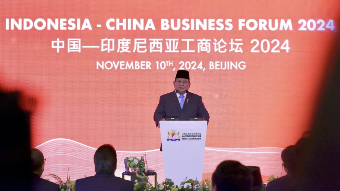 President Prabowo Subianto addresses high profile business leaders on Nov. 10, 2024, during the Indonesia-China Business Forum 2024 at The Peninsula Beijing.
