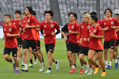 The Japanese national soccer team attend a training session on in Jakarta on Nov. 14, 2024 before facing the Indonesian national team in the Group C match of the 2026 World Cup Asian third round qualifier at Gelora Bung Karno Main Stadium on Nov. 15.