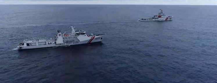 Indonesian Maritime Security Agency (Bakamla) patrol vessel KN Pulau Dana (left) shadows China Coast Guard (CCG) patrol vessel CCG 5402 inside Indonesian exclusive economic zone (EEZ) on North Natuna Sea on Oct. 25, 2024. The CCG 5402 claimed that it was conducting patrol on Chinese jurisdictional waters and disrupted 3D seismic activities conducted by PT Pertamina East Natuna using MV Geo Coral. 
