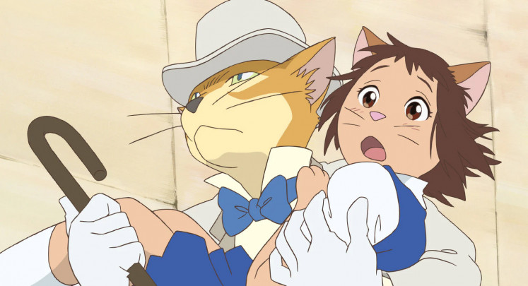 Baron Humbert von Gikkingen and our protagonist, Haru, escape from the Cat Kingdom in The Cat Returns. 
