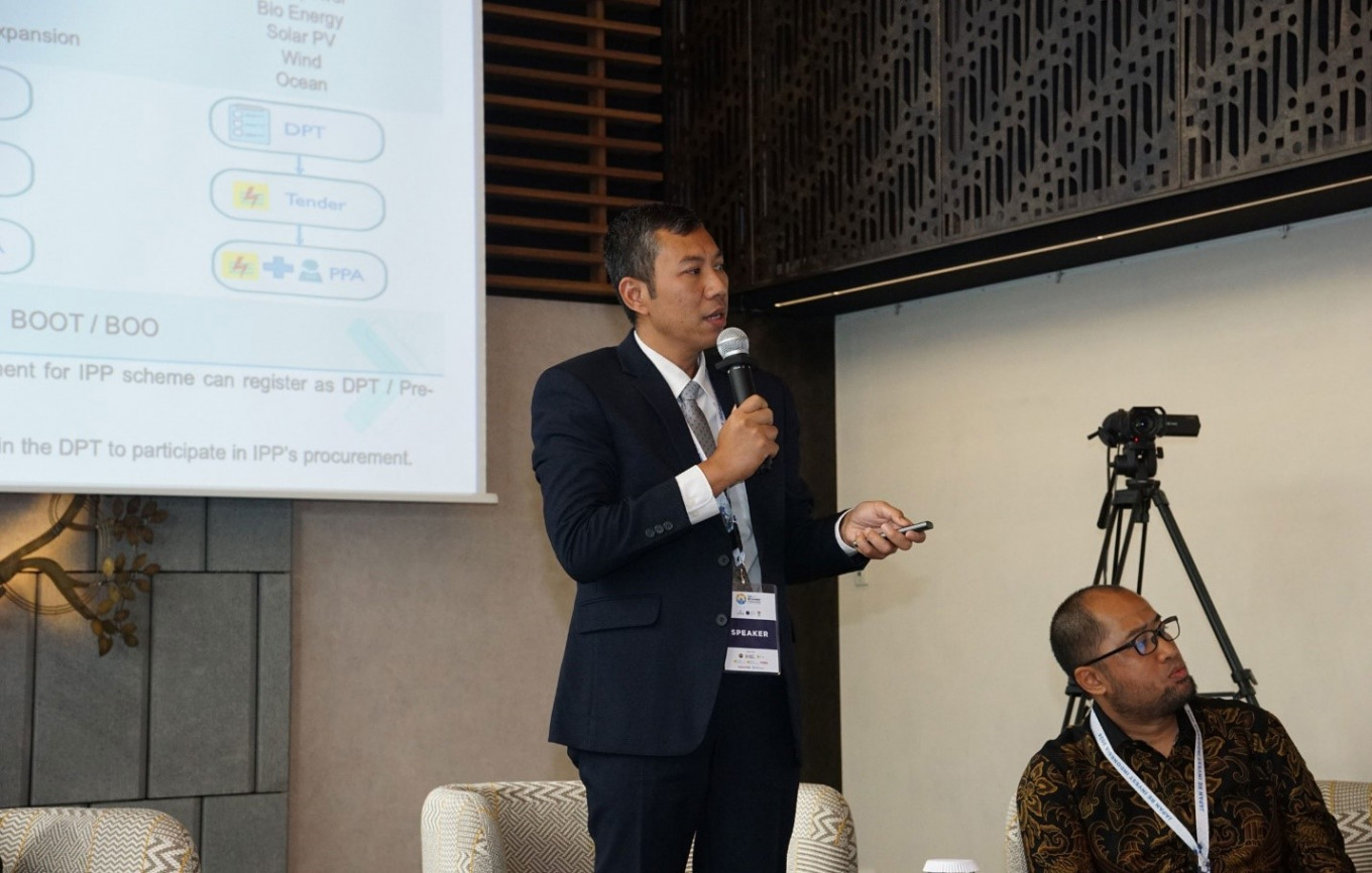 PT PLN (Persero) hydro energy vice president Hendro Prasetyawan speaks at Japan RE Invest Indonesia 2024 at the Indonesian Embassy in Tokyo. (Courtesy of the Indonesian Embassy in Tokyo)