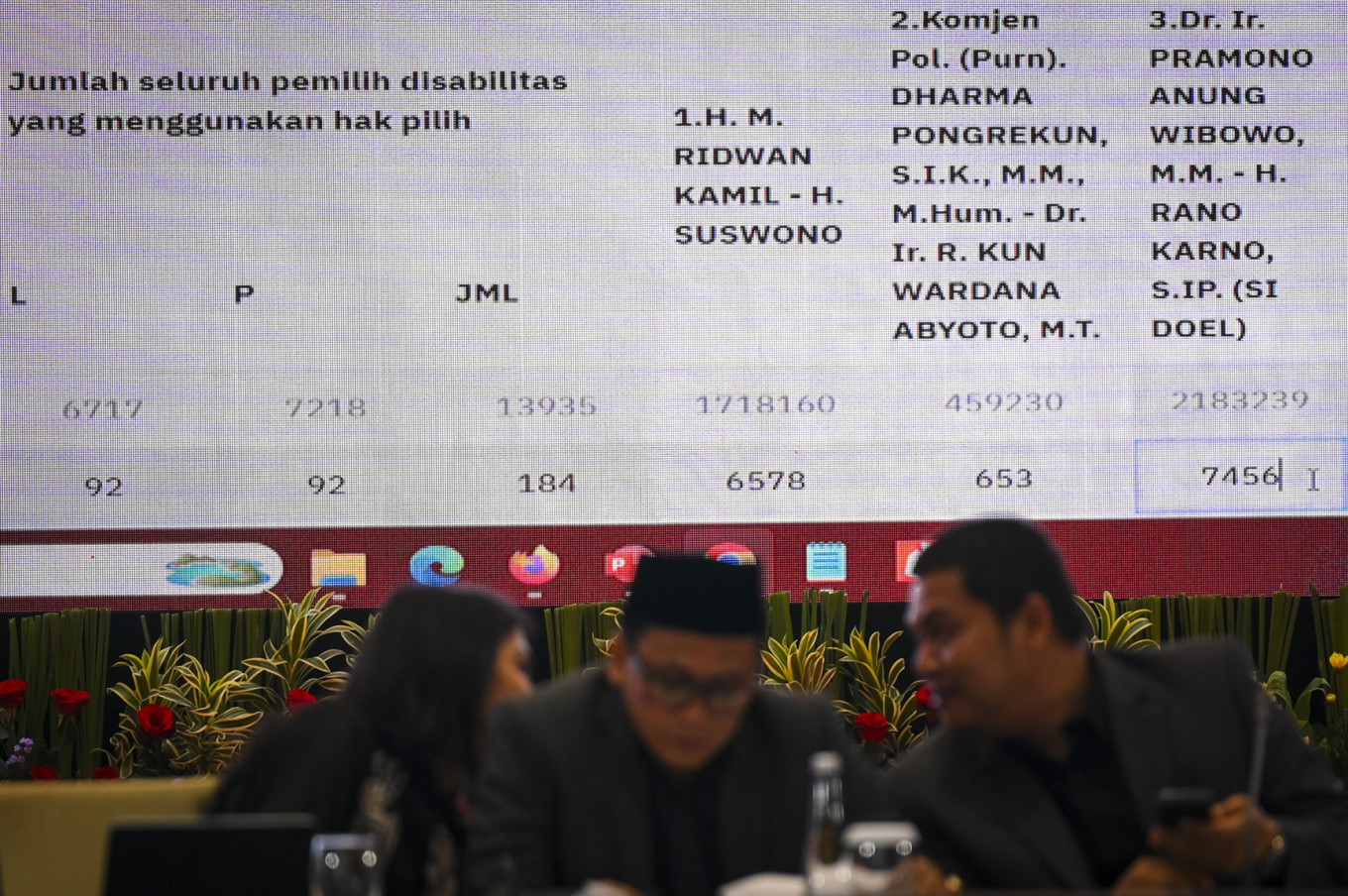 The chair of the Jakarta office of the General Elections Commission (KPU), Wahyu Dinata (right), talks to commissioner Astri Megatari (left) and Irwan Supriyadi Rambe (center) during the Jakarta gubernatorial election's vote tabulation meeting in Jakarta on Dec. 7, 2024.