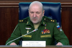In this grab from a handout footage released by the Russian Defence Ministry on October 24, 2022, Russia's Lieutenant General Igor Kirillov, in charge of Russian troops for radioactive, chemical and biological protection, speaks at a briefing in Moscow. 