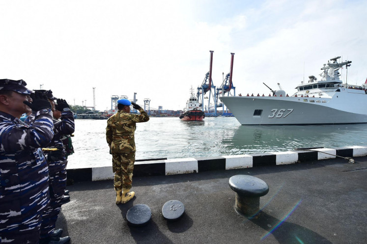 Indonesian Navy chief of staff Adm. Muhammad Ali (right) leads other officers in saluting KRI Sultan Iskandar Muda which departed for Lebanon on Dec. 19, 2024, from the Military Sealift Command in North Jakarta. The warship and its crew are to serve under the United Nations Interim Force in Lebanon (UNIFIL) Maritime Task Force (MTF) for one year as the Garuda Contingent XXVIII-P. 
