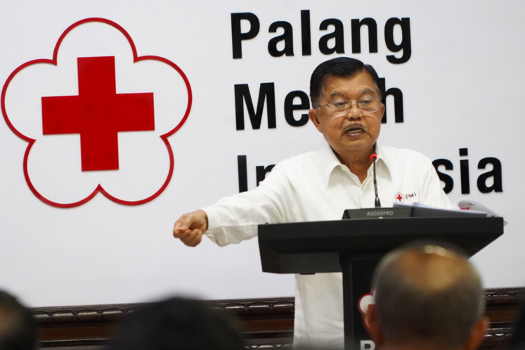 Indonesian Red Cross (PMI) chairman Jusuf Kalla delivers a speech after inaugurating the organization's leadership board for the 2024-2029 term in Jakarta on Dec. 20, 2024. The Law Ministry acknowledges Kalla's chairmanship for the humanitarian organization despite challenge from fellow Golkar Party politician Agung Laksono, who also claims of being elected as PMI chair by a separate national meeting.