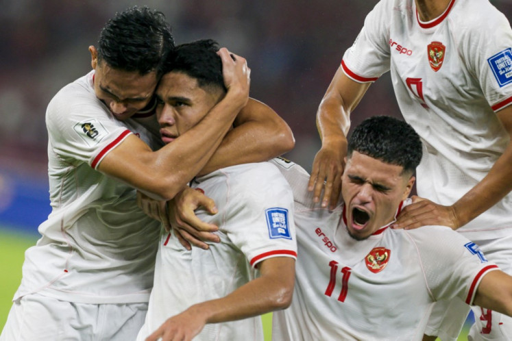 Sweet success: The Indonesian national soccer team players celebrate their goal during the 2026 World Cup Asian qualification match against Saudi Arabia at Gelora Bung Karno Main Stadium in Jakarta, on Nov. 19, 2024.