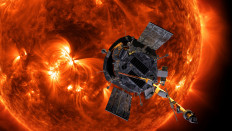 A 2018 artist's concept shows the Parker Solar Probe spacecraft flying into the Sun's outer atmosphere, called the corona, on a mission to help scientists learn more about the Sun. 