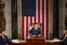 United States Mike Johnson (R-LA) is sworn-in as Speaker of the House after being reelected on the first day of the 119th Congress at the US Capitol in Washington on Jan. 3, 2025.