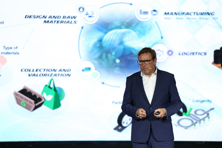 Michelin&rsquo;s scientific & innovation communication director Cyrille Roget speaks during a presentation on sustainable tire manufacturing at the Michelin Campus in Laem Chabang, Thailand on Nov. 20, 2024. Roget said the company's environmentally friendly production policy is supported by research and data.