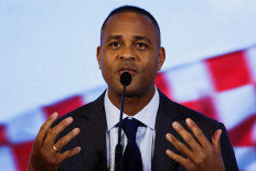 Newly appointed Indonesian national soccer team coach Patrick Kluivert speaks during a press conference in Jakarta, Indonesia, on Monday, January 12, 2025. 