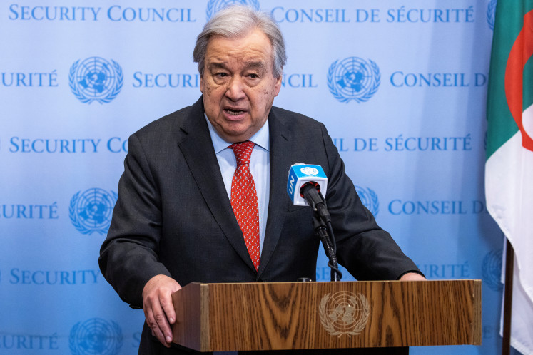 United Nations Secretary-General Antonio Guterres speaks about the Israel and Hamas ceasefire deal outside the Security Council at the United Nations Headquarters in New York City, US, on January 15, 2025. 