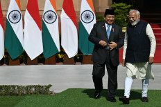 President Prabowo Subianto (left) meets Indian Prime Minister Narendra Modi on Jan. 25, 2025, at Hyderabad House in New Delhi, India.