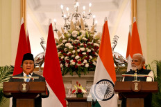 President Prabowo Subianto (left) and Indian Prime Minister Narendra Modi address a joint press briefing on Jan. 25, 2025, at Hyderabad House in New Delhi.