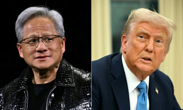 This combination of pictures created on January 31, 2025 shows Nvidia CEO Jensen Huang (left) in Las Vegas, Nevada on Jan. 6, 2025, and US President Donald Trump in the Oval Office of the White House in Washington, DC on Jan. 31, 2025. 