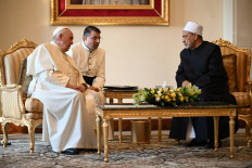Pope Francis (left) and al-Azhar Mosque Grand Imam Ahmed Al-Tayeb meet on Nov. 4, 2022, at the papal residence on the grounds of al-Sakhir Royal Palace in the desert region of Sakhir, Bahrain.
