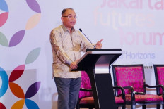 Indian Ambassador to Indonesia Sandeep Chakravorty delivers his speech on 75 years of India-Indonesia diplomatic ties during the Jakarta Futures Forum, cohosted by the Observer Research Foundation (ORF) and the Foreign Policy Community of Indonesia (FPCI) in collaboration with the Embassy of India on May 2-3, 2024, at JW Marriott Hotel Jakarta in Setiabudi, South Jakarta.