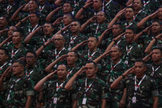 High-ranking Indonesian Military (TNI) officers salute during the force's leadership meeting at the TNI headquarters in Jakarta on Jan. 31, 2025.
