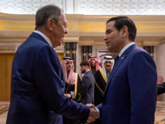 In this handout picture released by the official Saudi Press Agency (SPA), US Secretary of State Marco Rubio (R) shakes hands with Russian Foreign Minister Sergei Lavrov during their meeting at Diriyah Palace, in Riyadh, Saudi Arabia, on February 18, 2025. 